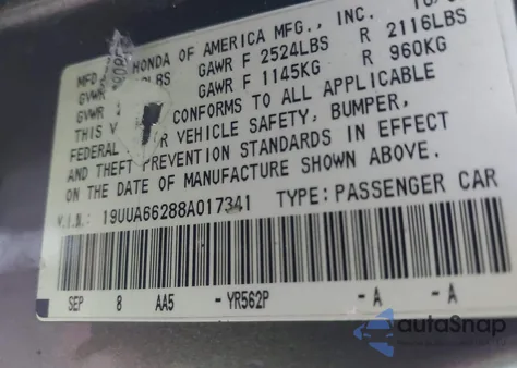 2008 Acura Tl 3.2 from USA, damaged, VIN 19UUA66288A017341